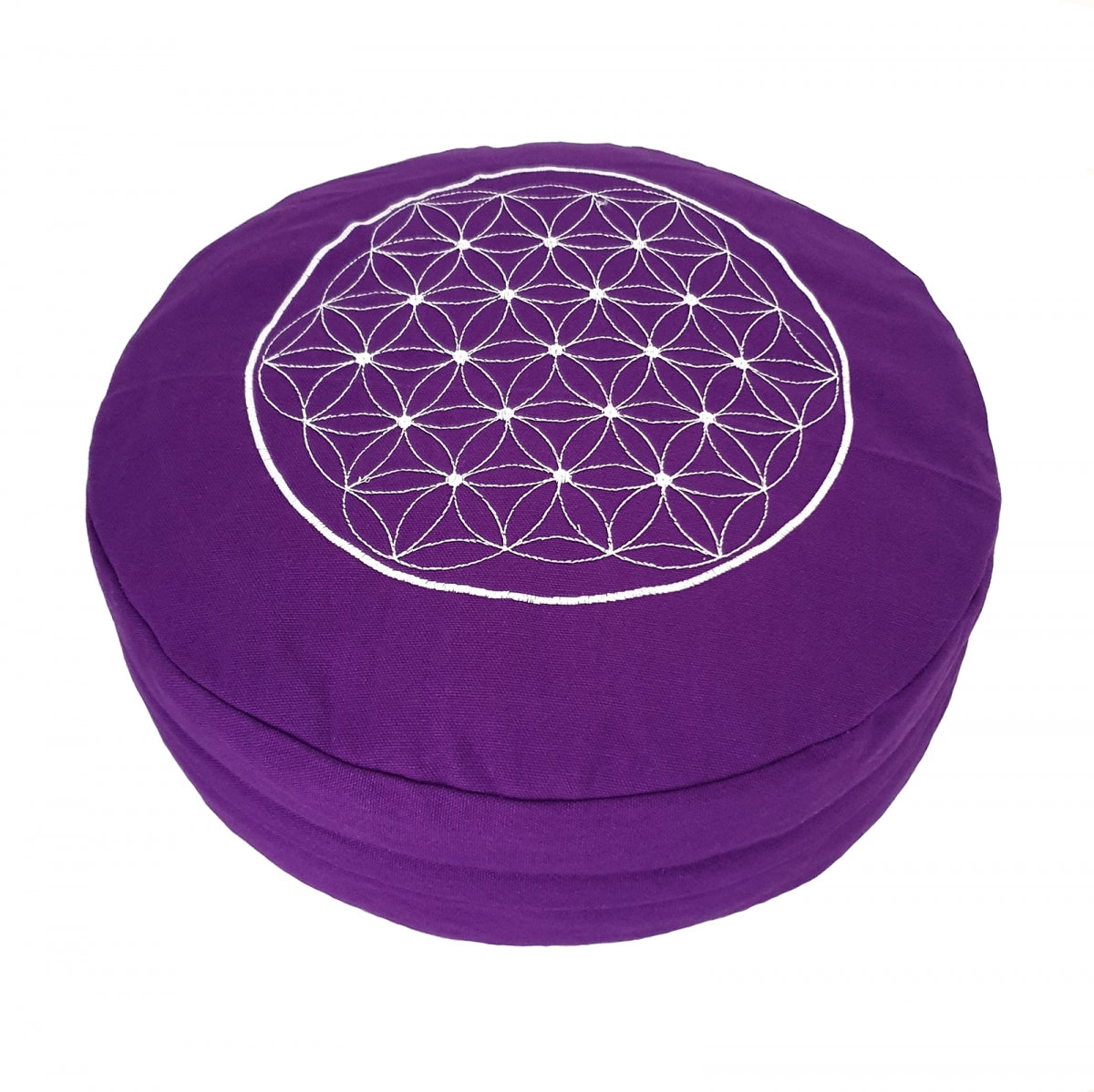 Buckwheat Round Meditation Zafu Cushion | Embroidered Flower of Life Pattern