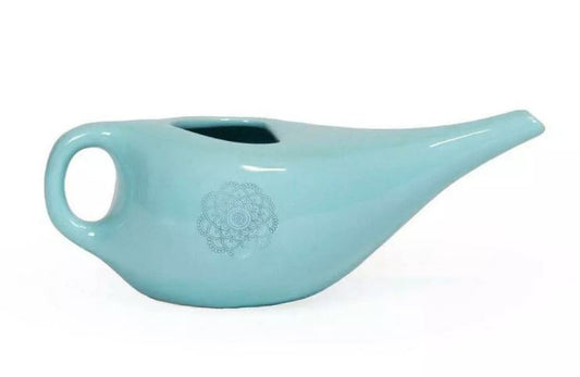 Light Blue Nasal Neti Pot with Mandala Pattern | Cream Ceramic Neti Pot