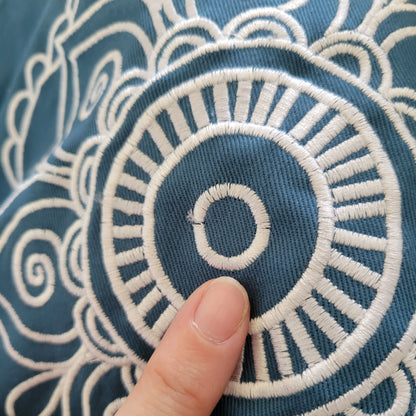 Peacock Blue Buckwheat Round Meditation Zafu Cushion | Embroidered Flower Pattern