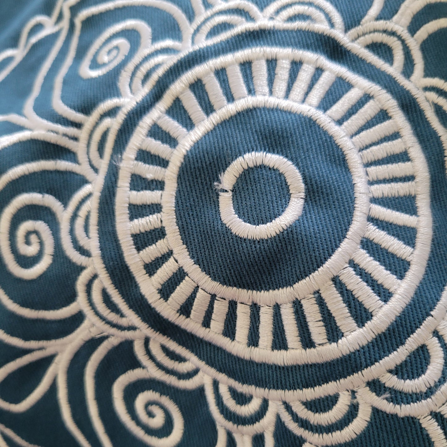 Peacock Blue Buckwheat Round Meditation Zafu Cushion | Embroidered Flower Pattern