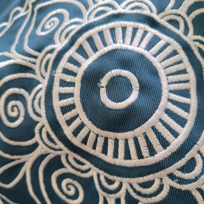 Peacock Blue Buckwheat Round Meditation Zafu Cushion | Embroidered Flower Pattern