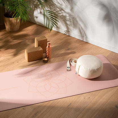 185cm Rose Pink PHOENIX Natural Rubber Yoga Mat with PU Coating - Lotus printed design - 4mm Thick