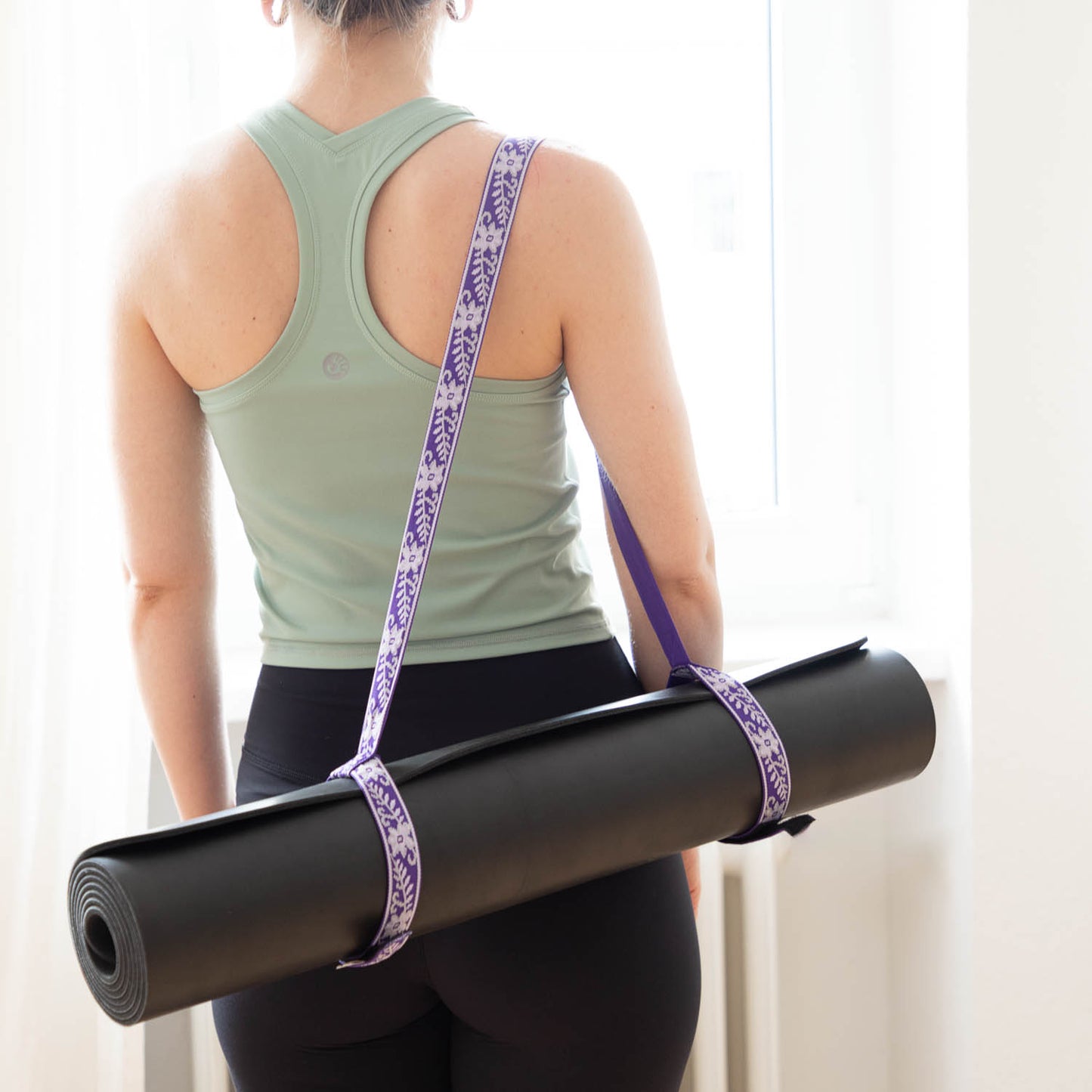 Purple Flower Patterned Yoga Mat Shoulder Harness