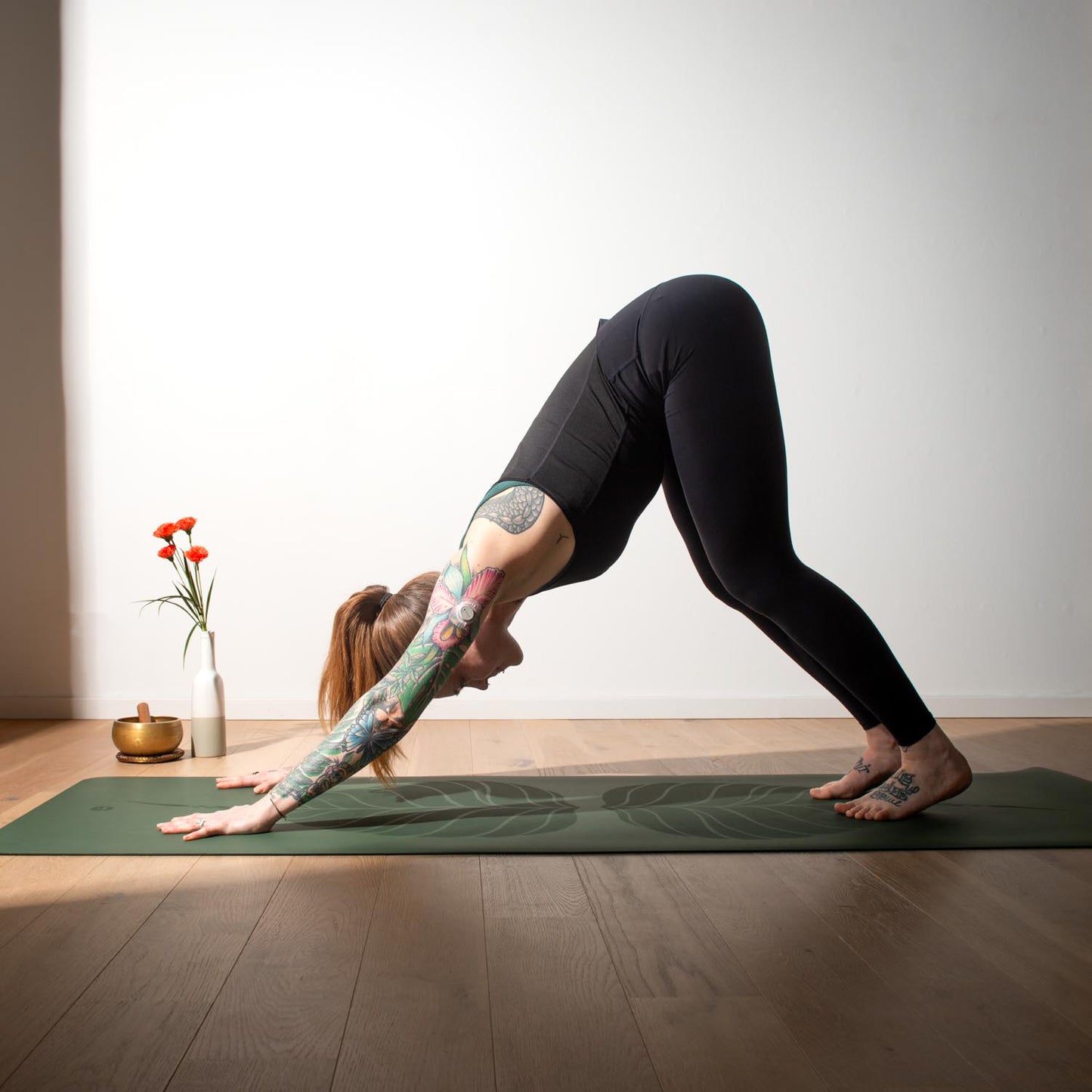 200cm EXTRA LONG Forest Green PHOENIX Natural Rubber Yoga Mat with PU Coating - Leaves printed design - 4mm Thick