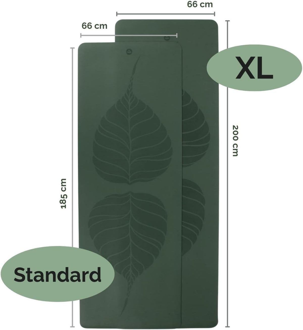 200cm EXTRA LONG Forest Green PHOENIX Natural Rubber Yoga Mat with PU Coating - Leaves printed design - 4mm Thick