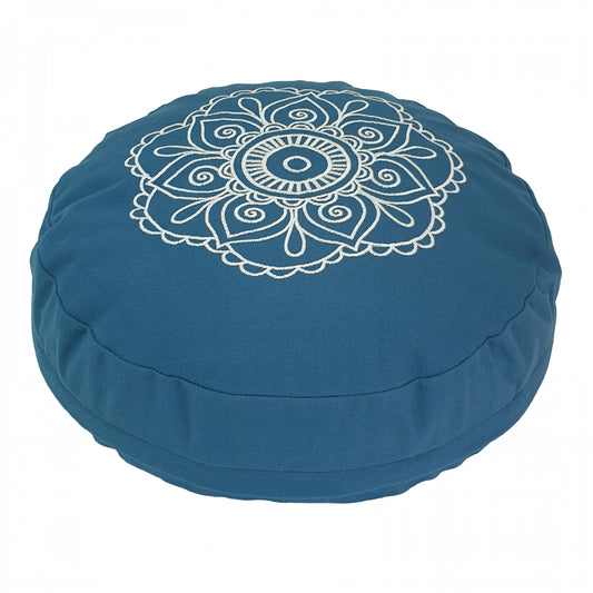 Peacock Blue Buckwheat Round Meditation Zafu Cushion | Embroidered Flower Pattern