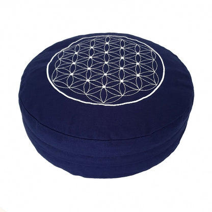 Buckwheat Round Meditation Zafu Cushion | Embroidered Flower of Life Pattern